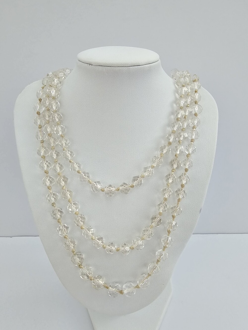 Vintage 3-Strand Faceted Clear Crystal Glass Hand-Knotted Statement Necklace